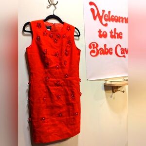 Vintage Donna Morgan Red Linen Dress With Floral Embellishments Petites Size 6